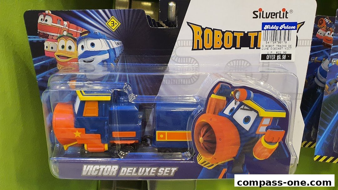 A packaged toy train set, the 'Victor Deluxe Set' from Silverlit, sold at Kiddy Palace.