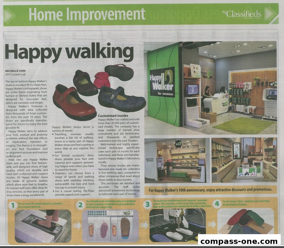 Article about Happy Walker shoes, showcasing their store and products.