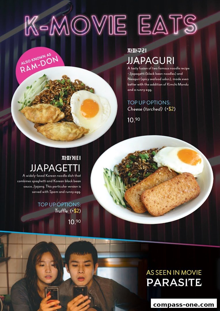 A menu featuring Korean noodle dishes inspired by K-movies, including Jjapaguri and Jjapaghetti.