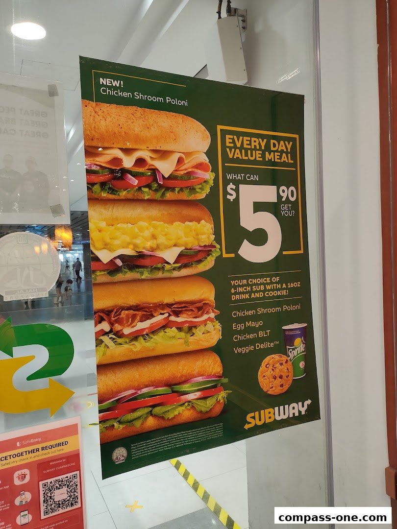 A Subway advertisement showcasing value meals with various sandwich options and a cookie.