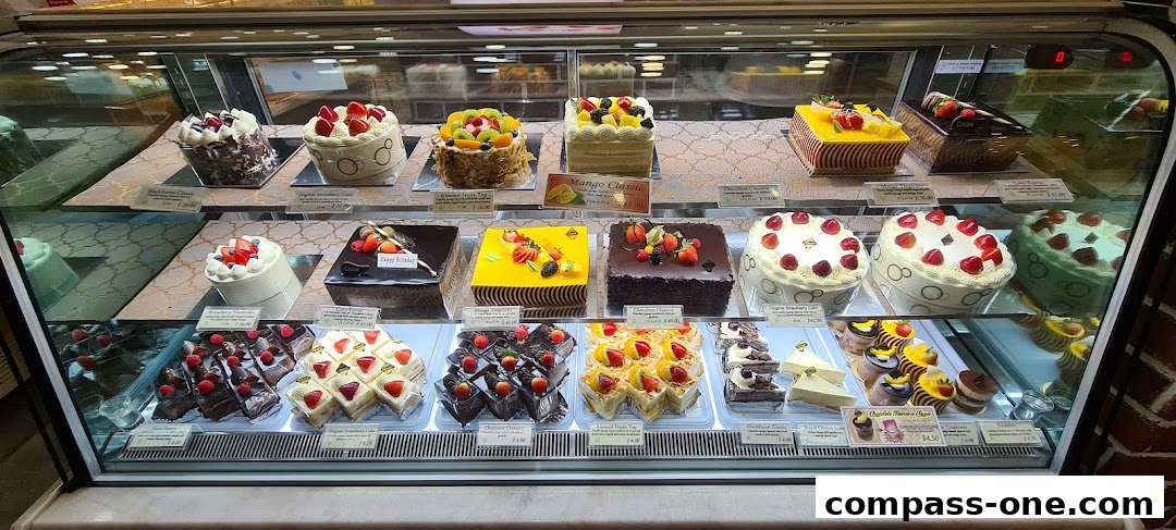 A display case filled with a variety of beautifully decorated cakes and pastries.