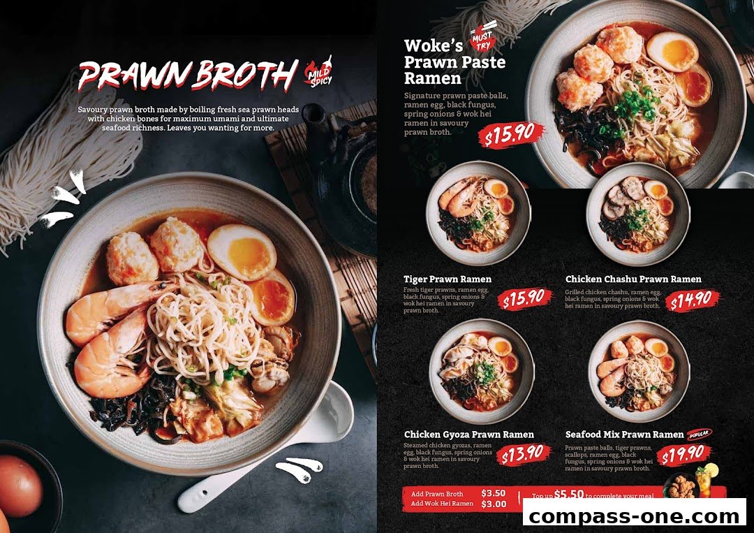 A menu showcasing various prawn-based ramen dishes with detailed descriptions and prices.