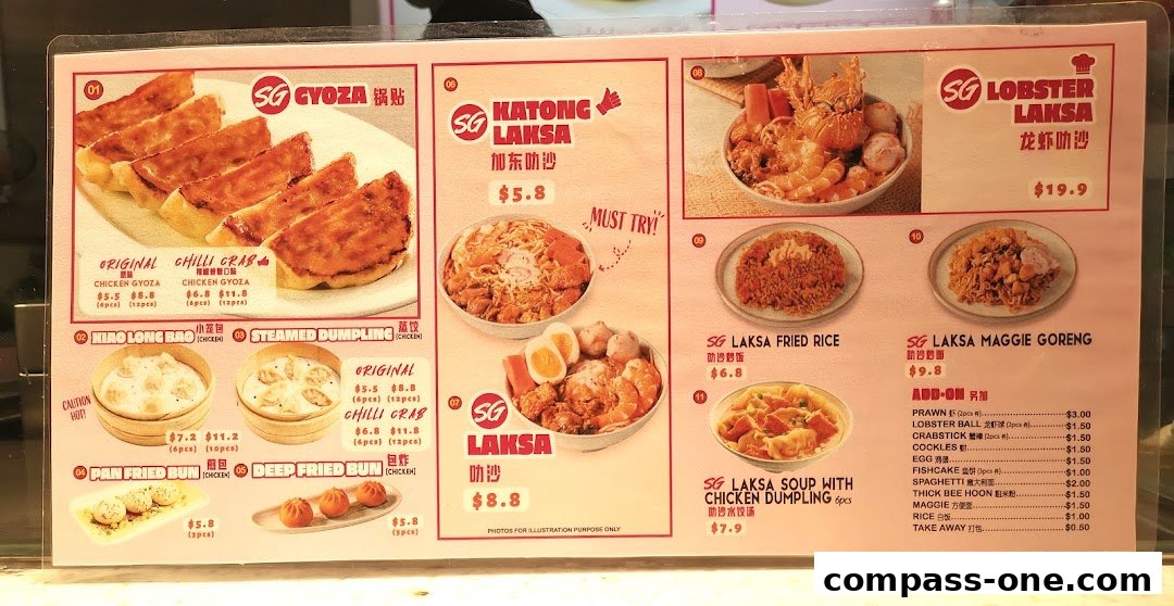 A menu board displaying various Singaporean dishes like Gyoza, Laksa, and Fried Rice with prices.