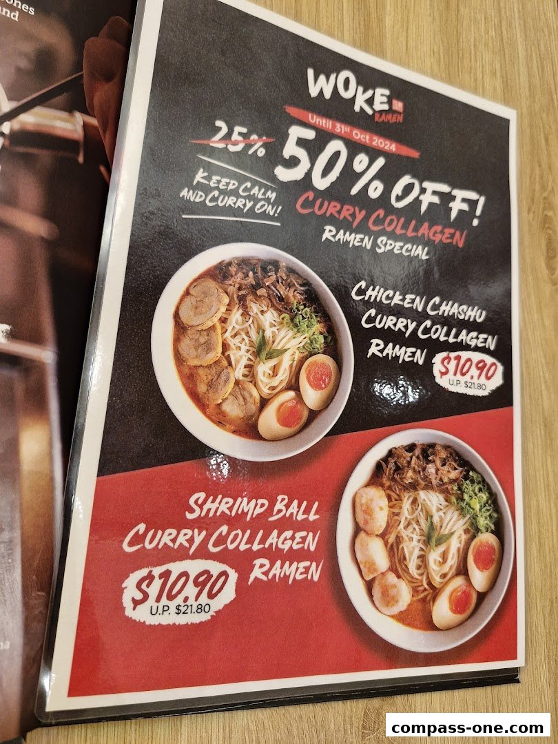 A menu featuring WOKE Ramen's Curry Collagen Ramen specials with discounts.