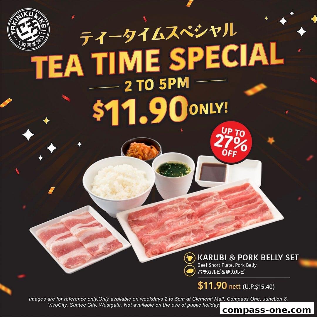 A promotional image for Yakiniku Like's Tea Time Special featuring a Karubi & Pork Belly Set.