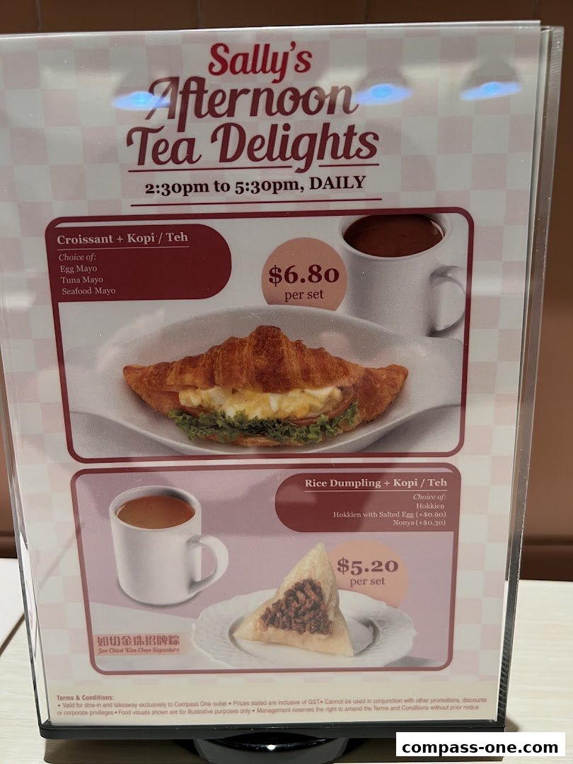 A menu for Sally's Afternoon Tea Delights featuring croissant and rice dumpling sets.