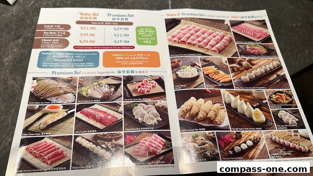 A menu showcasing various hotpot ingredients and set meal prices.
