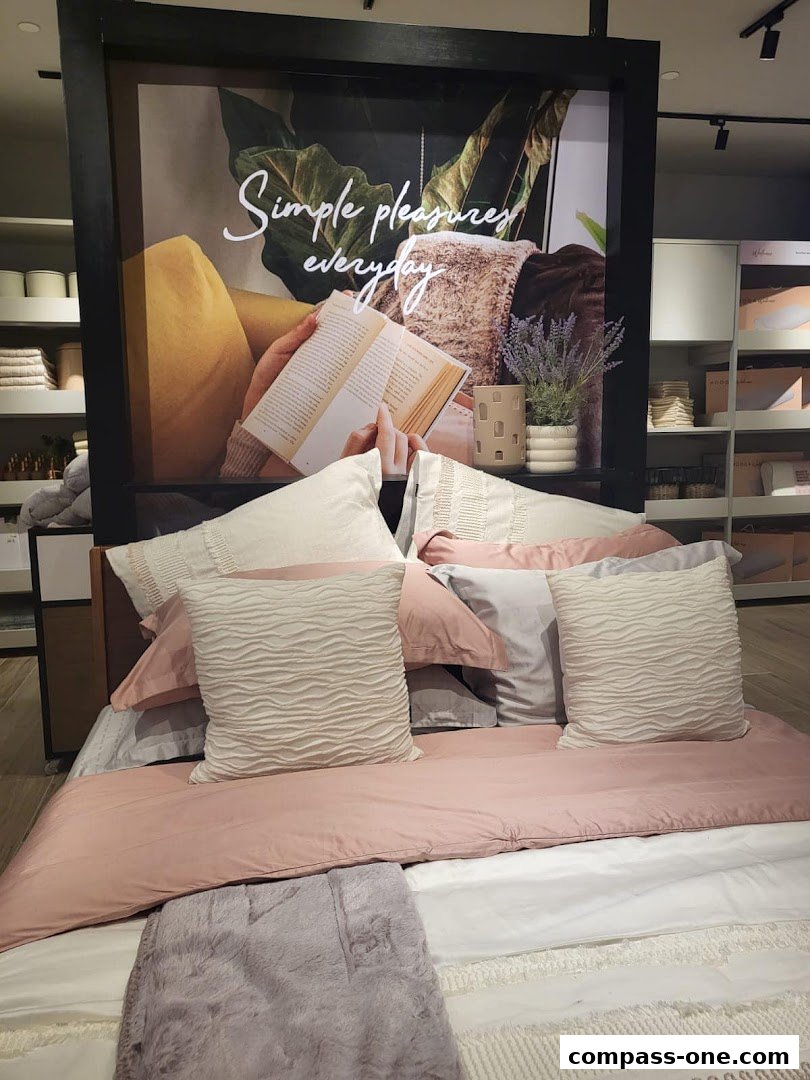 A beautifully made bed with plush pillows and soft bedding, featuring a lifestyle image with text.