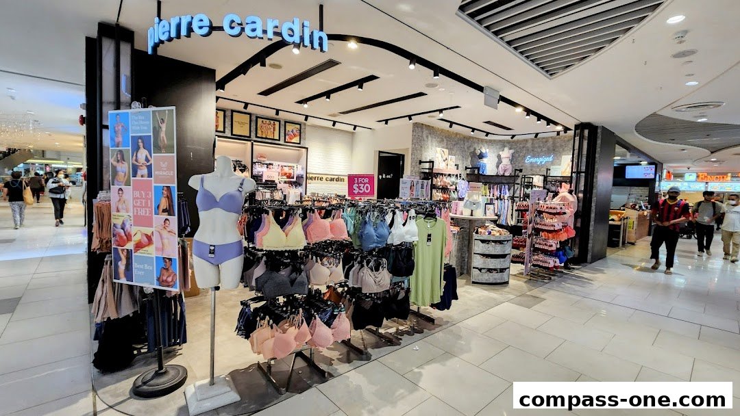 Pierre Cardin Lingerie shop with mannequins and displays of bras and underwear.