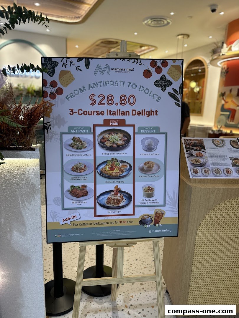 A sign advertising Mamma Mia's 3-Course Italian Delight for $28.80.