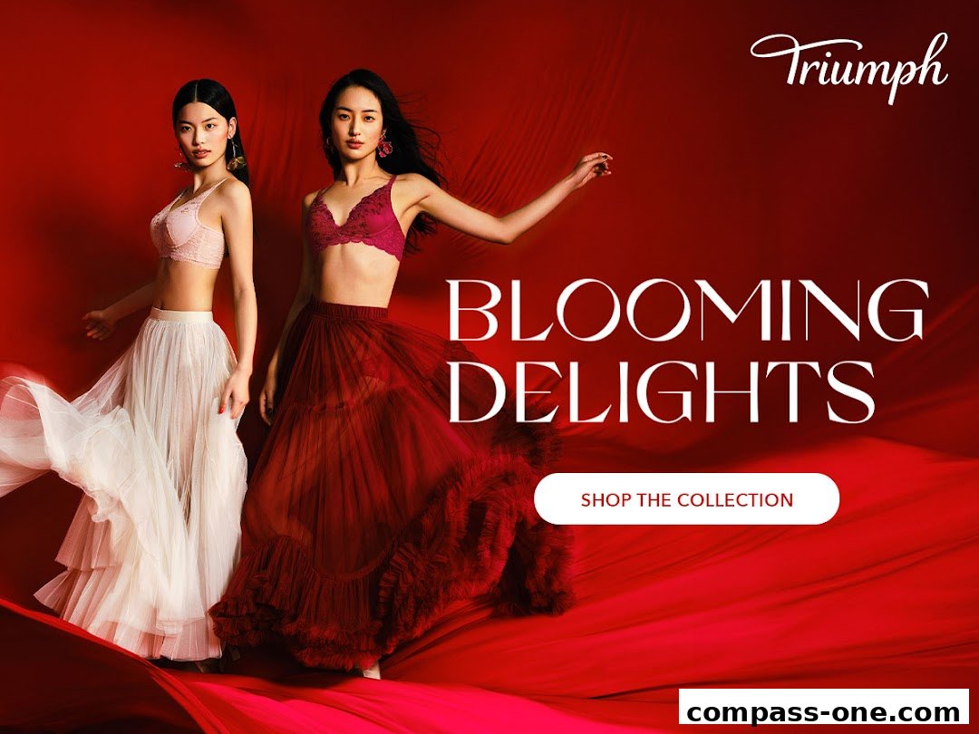 Two models showcase Triumph lingerie and flowing skirts against a vibrant red background.