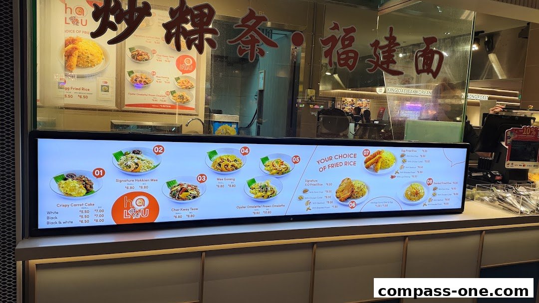 A digital menu board displaying various noodle and rice dishes with prices.