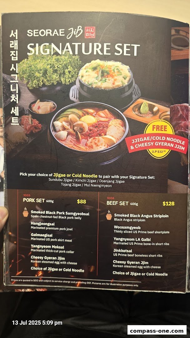 A menu showcasing Korean signature sets with pork and beef options, including jjigae and cold noodles.