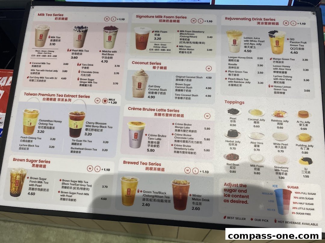 A menu board displaying various milk teas, fruit teas, and toppings with prices.