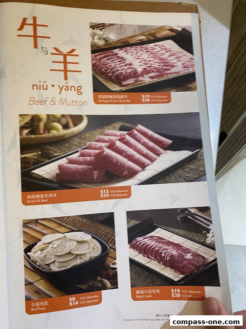 A menu showcasing various cuts of beef and lamb for hotpot.