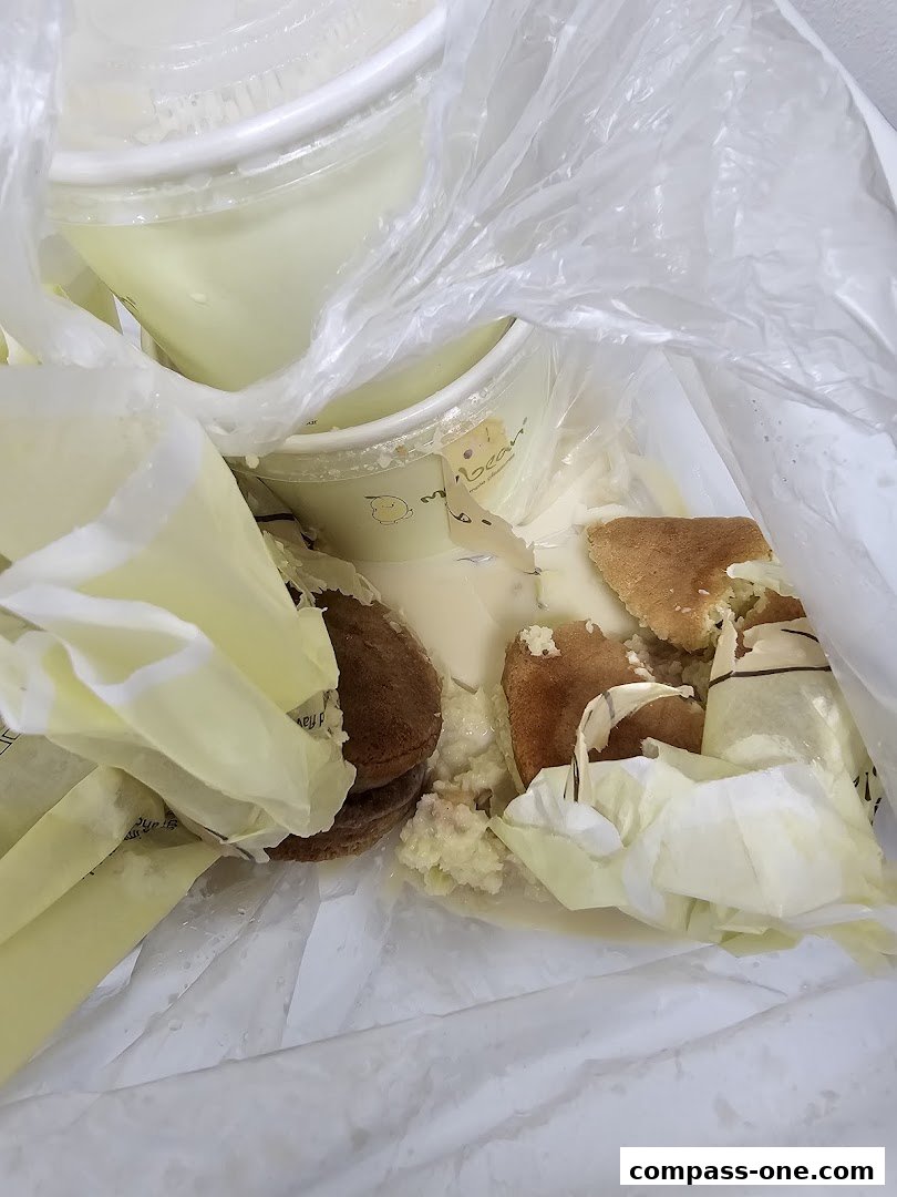 A plastic bag filled with spilled desserts and packaging from Mr Bean.