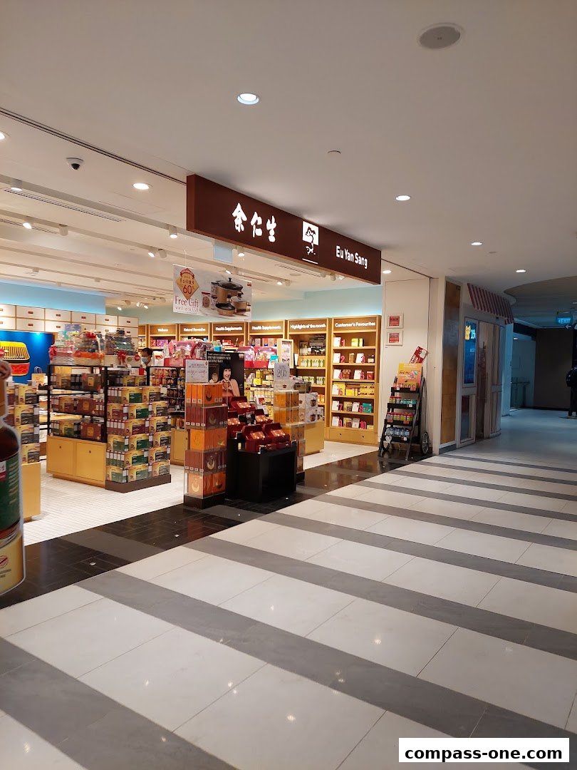 The Eu Yan Sang shop front displays a wide variety of health supplements and traditional Chinese medicine products.