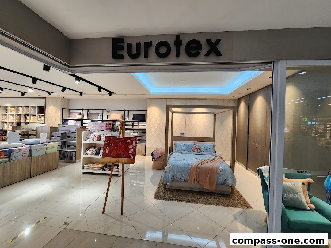 Interior view of Eurotex bedding store showcasing beds, pillows, and bedding sets.