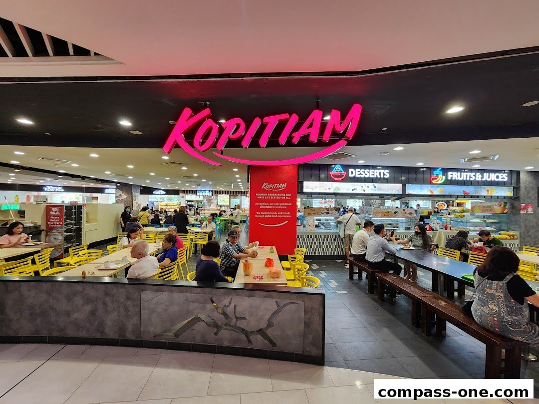 A busy Kopitiam food court with many diners seated at tables and a prominent neon sign.