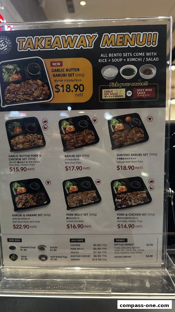 A takeaway menu for Yakiniku Like featuring various bento sets and ala carte options.