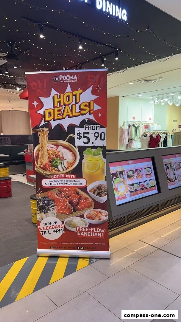 A promotional banner for POCHA! Korean Street Dining advertising hot deals.