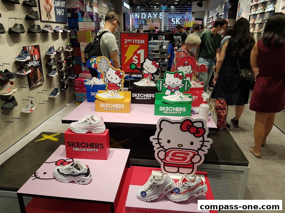 Skechers store interior featuring Hello Kitty themed sneakers and a promotional display.