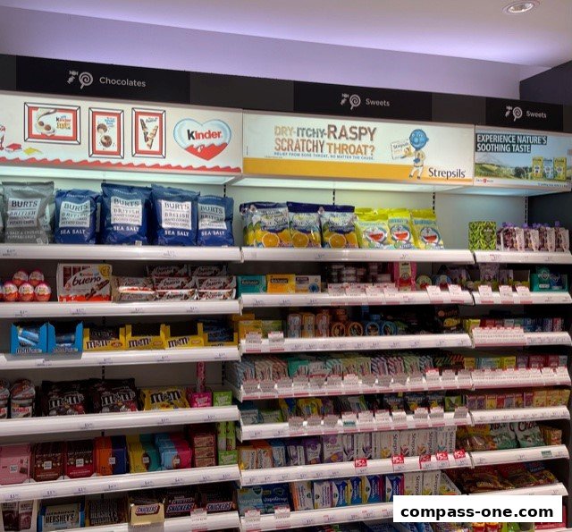 Shelves stocked with chocolates, sweets, and throat lozenges in a retail store.