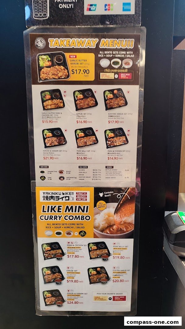 A takeaway menu for Yakiniku Like featuring various bento sets and curry combos.