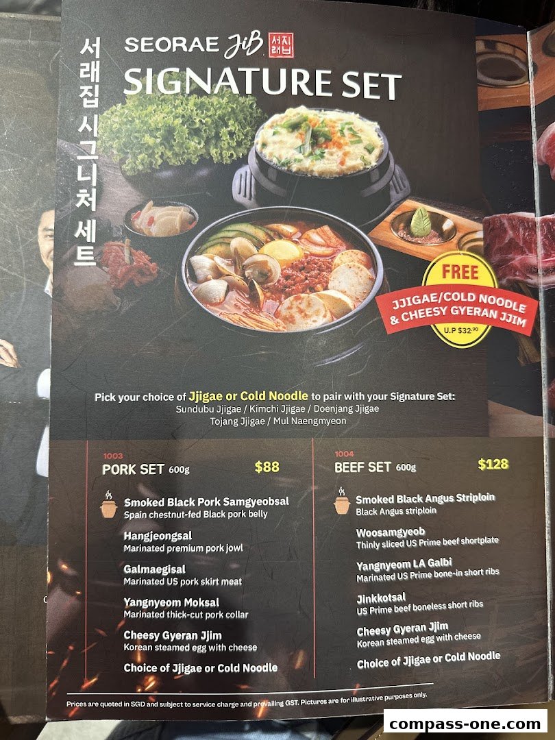 A menu for SEORAE JIB featuring Signature Sets with pork and beef options.