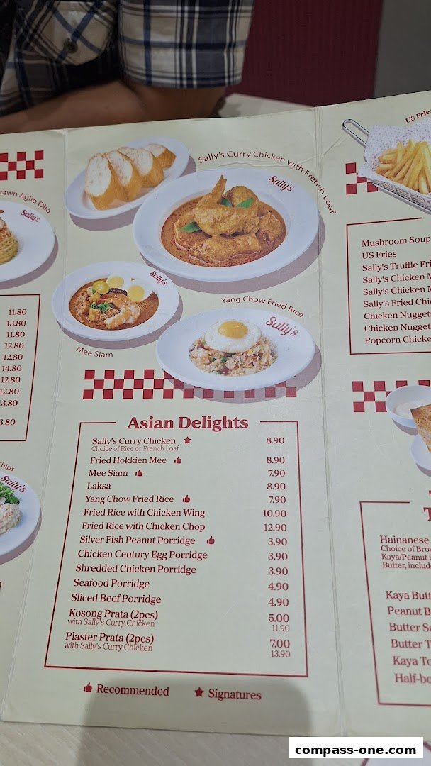 A menu from Sally's featuring Asian Delights with various dishes and prices.
