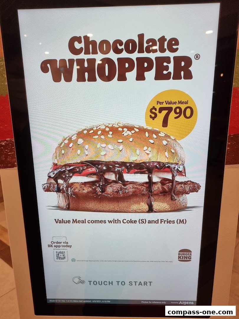 A digital menu screen displaying the Burger King Chocolate Whopper value meal.