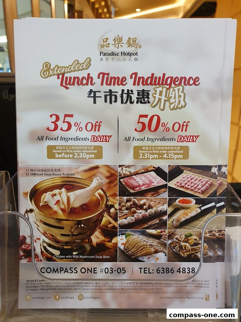 A promotional flyer for Paradise Hotpot offering extended lunch time indulgence with discounts.