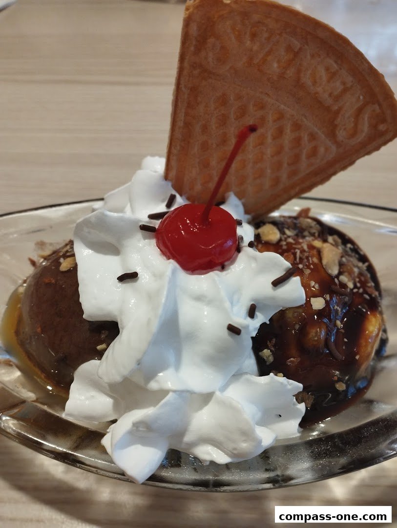 A delicious ice cream sundae with chocolate ice cream, whipped cream, a cherry, and a waffle.