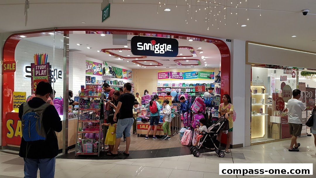 The vibrant interior of a Smiggle store, filled with colorful stationery, bags, and shoppers.