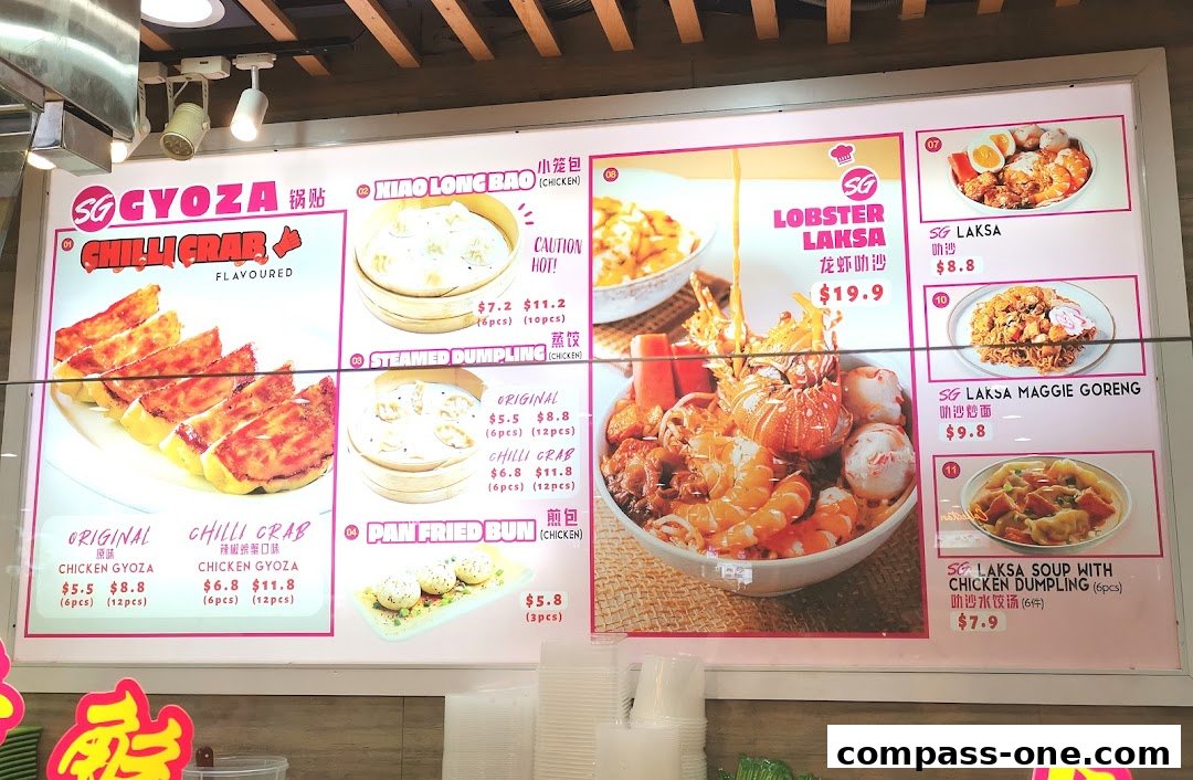 A menu board displaying various dumplings, gyoza, laksa, and pan-fried buns with prices.