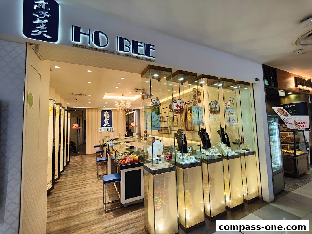 The exterior of Ho Bee Goldsmith & Jewellery, showcasing illuminated display cases with jewelry.