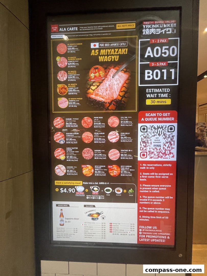 A digital menu board displaying various cuts of Wagyu beef, other meats, and side dishes with prices.