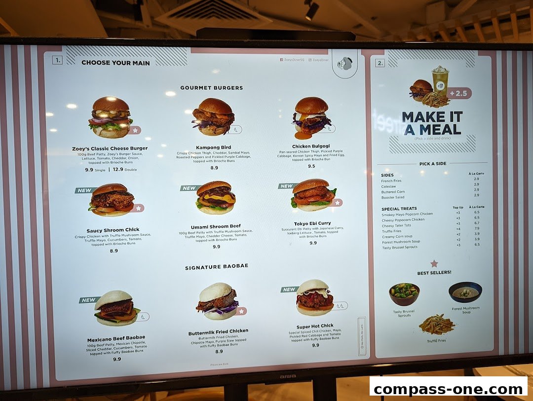 A digital menu board displaying various gourmet burgers and bao buns with prices.