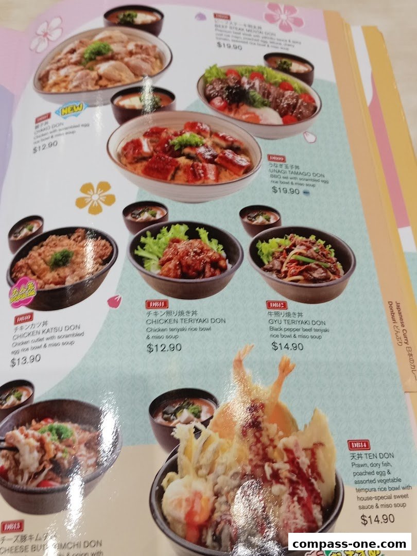 A menu showcasing various Japanese rice bowls with appetizing food photography.