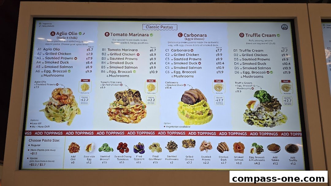 A digital menu board displaying various pasta dishes with images and prices.
