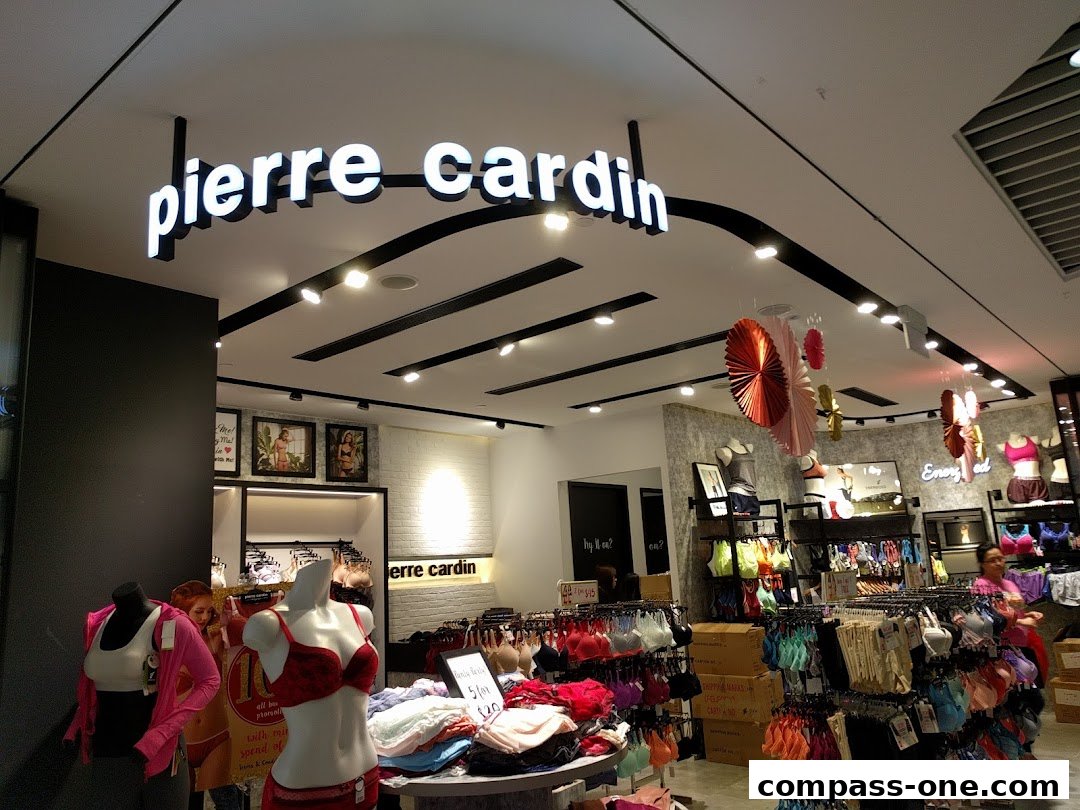 Interior view of a Pierre Cardin Lingerie store showcasing various lingerie items and mannequins.