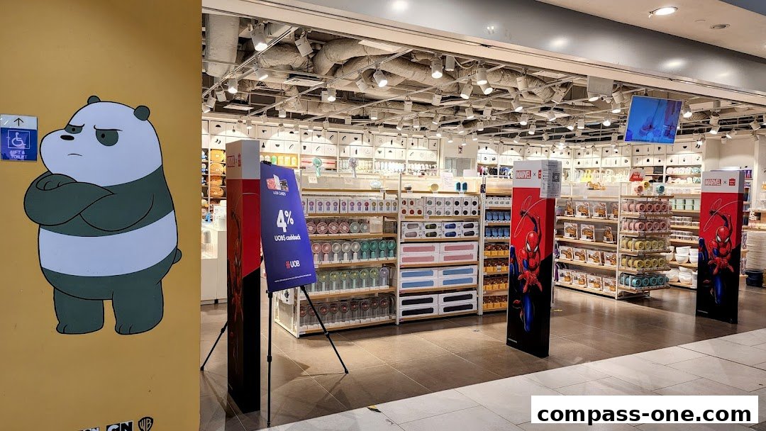 Interior view of a MINISO store with shelves stocked with various products and Marvel-themed displays.