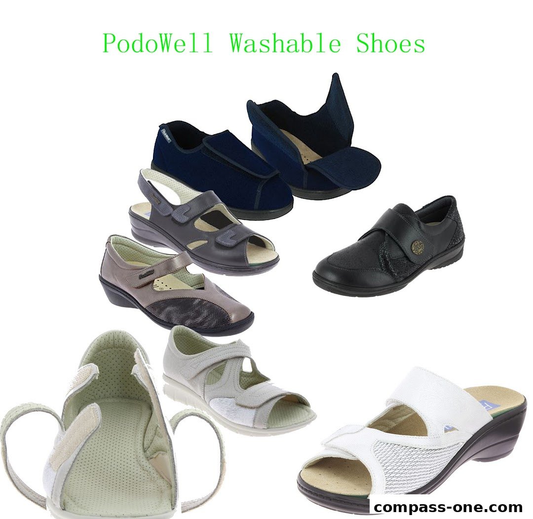 A collage of various comfortable and washable shoes for different needs.