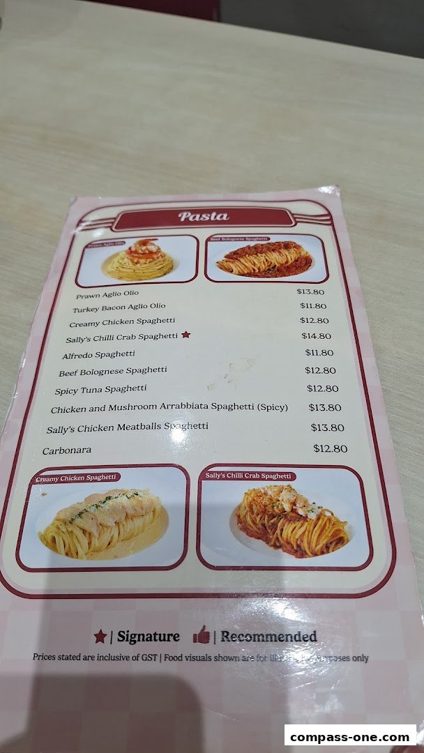 A menu page from Sallys Compass One featuring a variety of pasta dishes with prices.