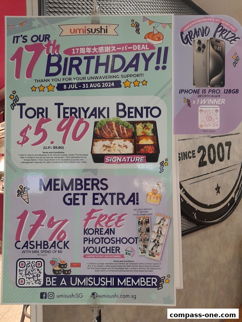 A promotional poster for Umisushi's 17th birthday, featuring a Tori Teriyaki Bento deal and member benefits.