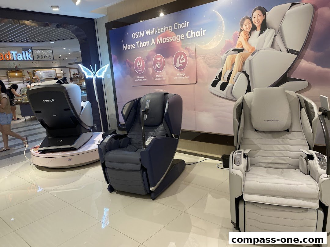 OSIM massage chairs are displayed with a large promotional banner featuring a mother and child.