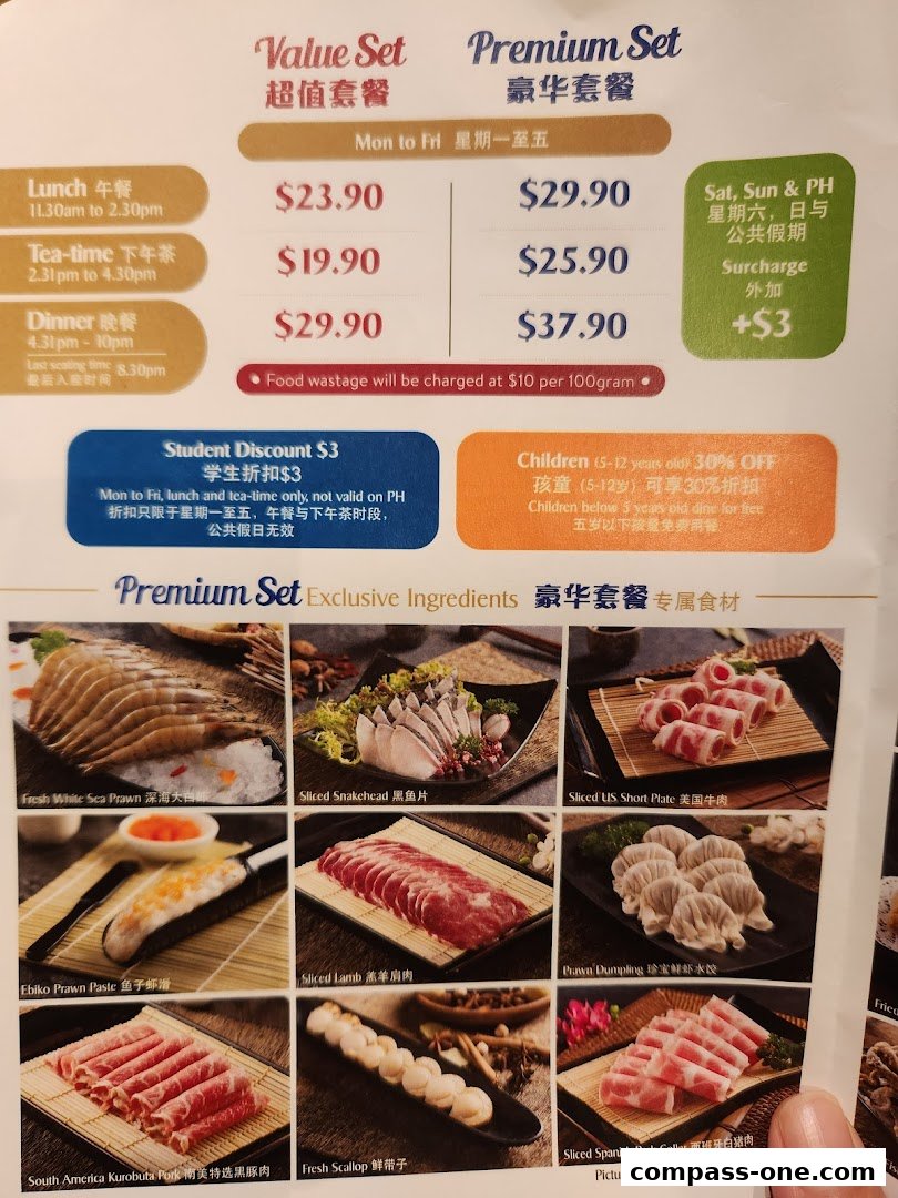 A menu showcasing value and premium hotpot sets with various meat and seafood options.