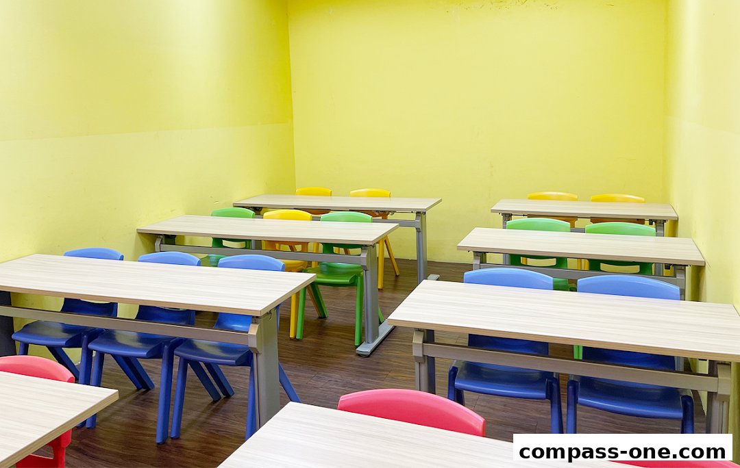 A bright yellow classroom with rows of desks and colorful chairs.