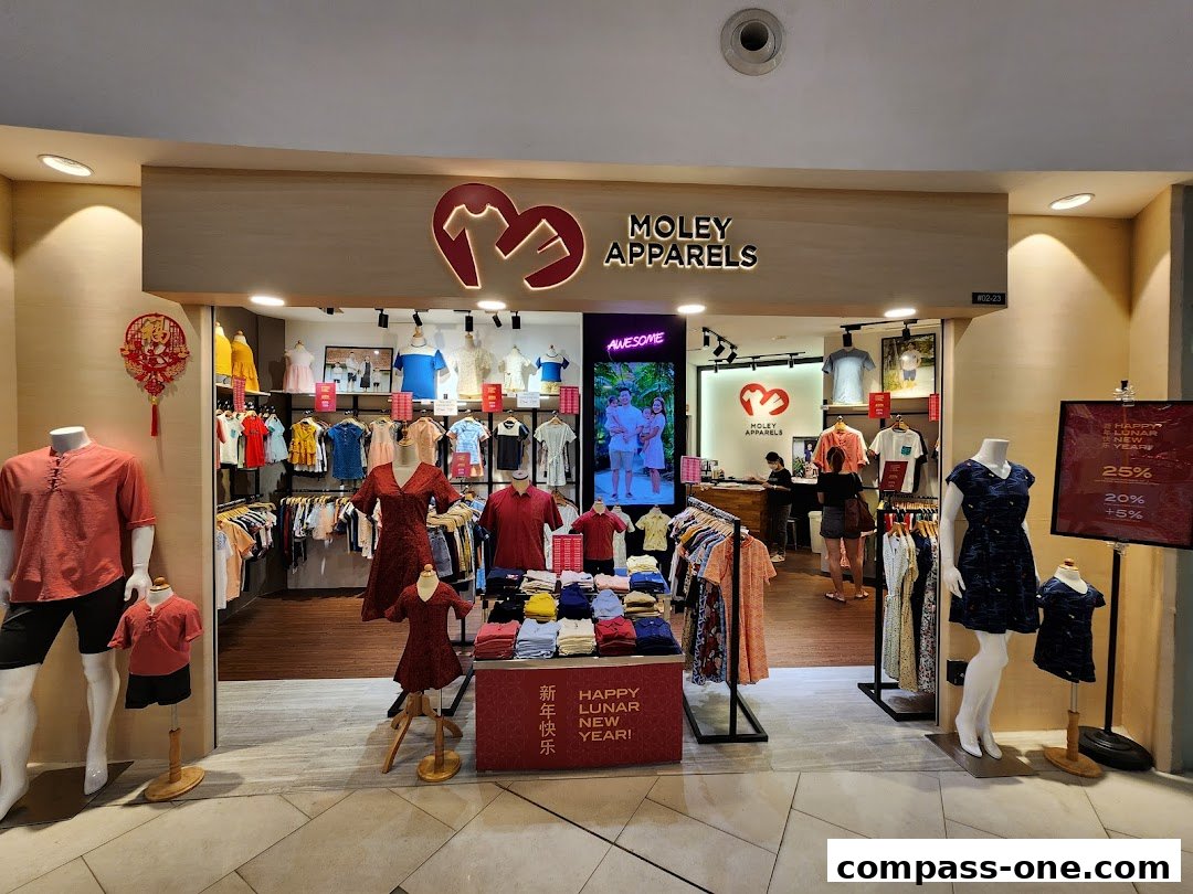 Moley Apparels shop front with mannequins and clothing displays, featuring Lunar New Year promotions.