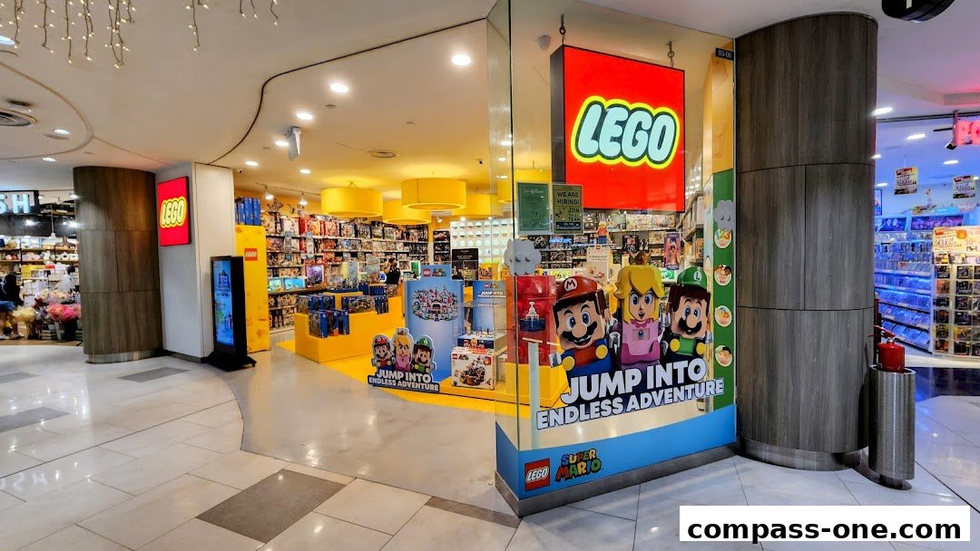 The entrance of The Brick Shop, a LEGO Certified Store, featuring Super Mario themed displays.
